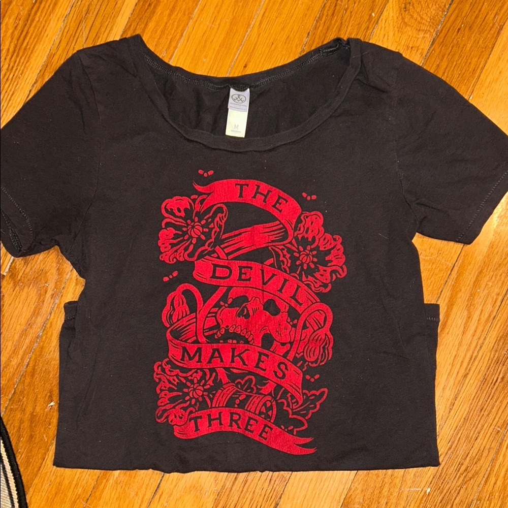 Devil makes three charcoal and Red women’s tee
